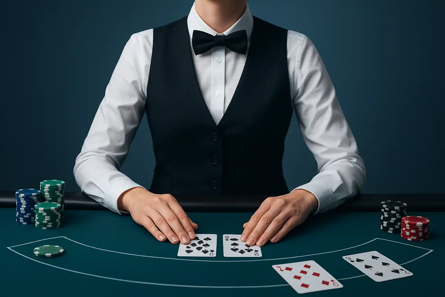 Live dealer at a casino table with cards and chips