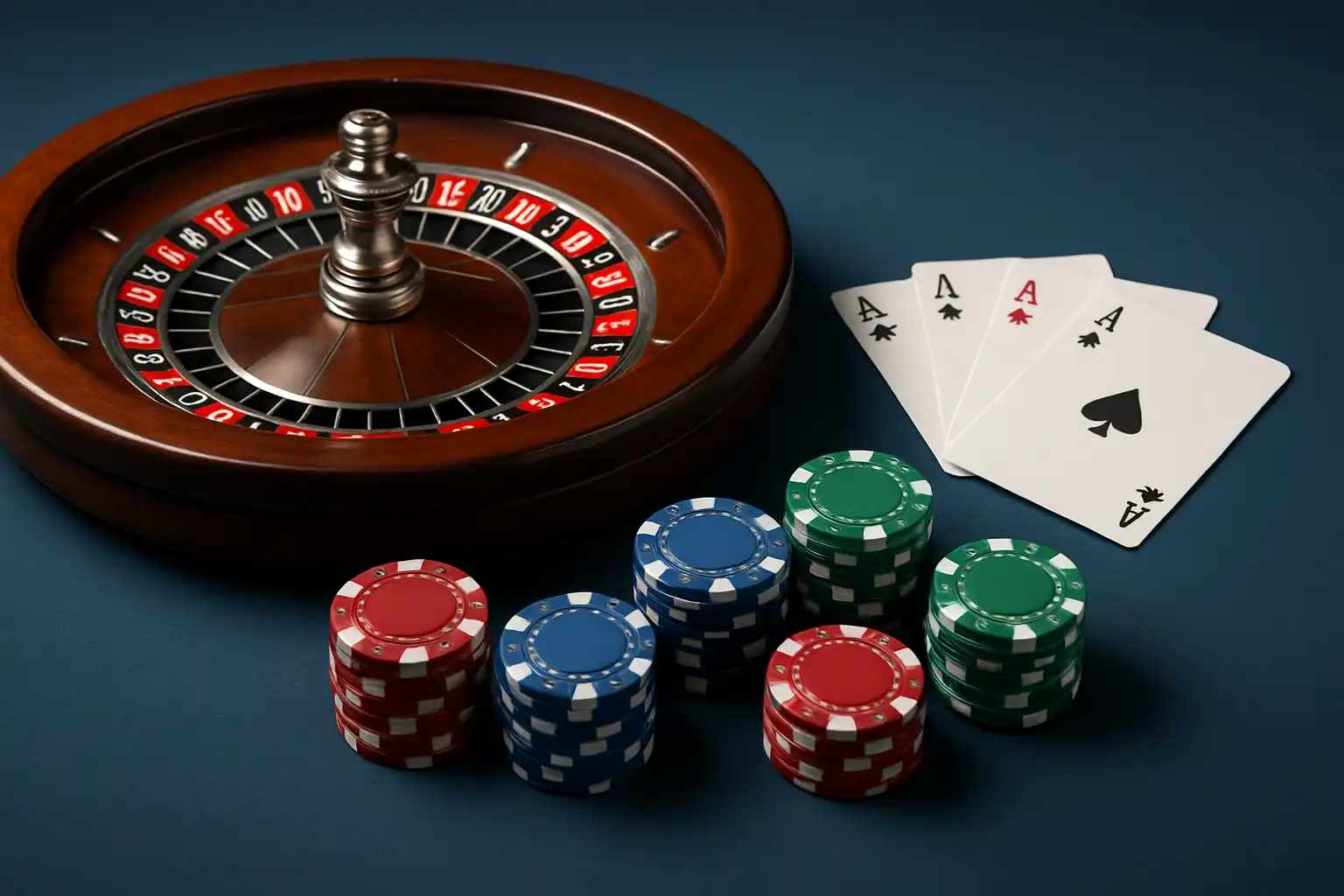 Classic casino table game setup with cards and roulette wheel